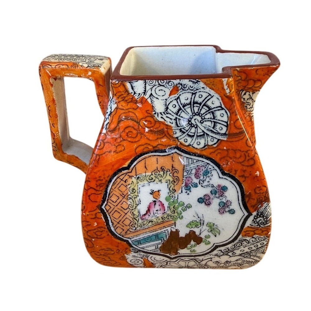 Vtg Chinese Ceramic Creamer Pitcher Small Orange White Good Art Chinoiserie